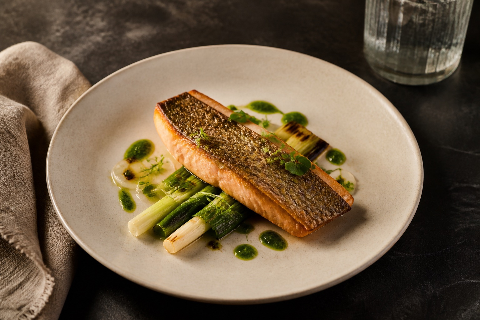 Trout and charred leek at Takeon Label Hotel